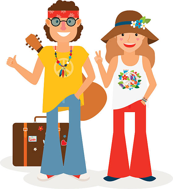 Hippie Couple Hitchhiking Vector Illustration Hippie couple hitchhiking with guitar and suitcase. Vector colored icon on white backround hippy couple stock illustrations