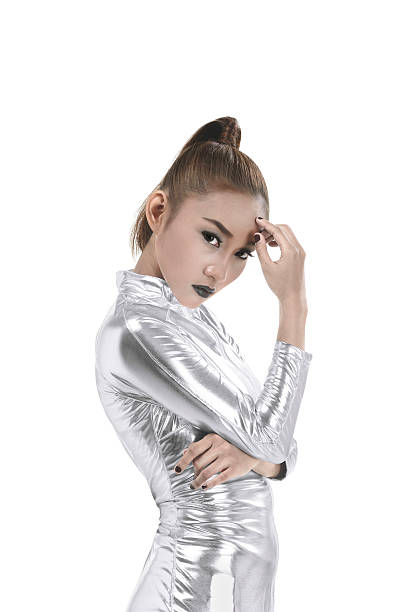 istock Asian woman wearing silver latex suit 578285022