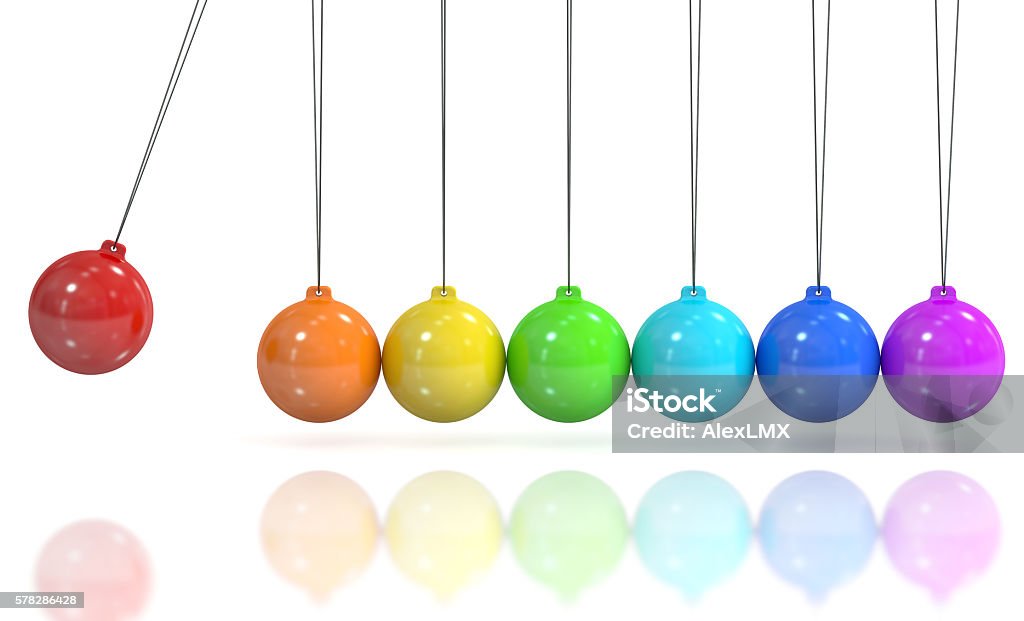 Colored Newton's cradle, pendulum. 3D rendering Colored Newton's cradle, pendulum. 3D rendering isolated on white background Balance Stock Photo