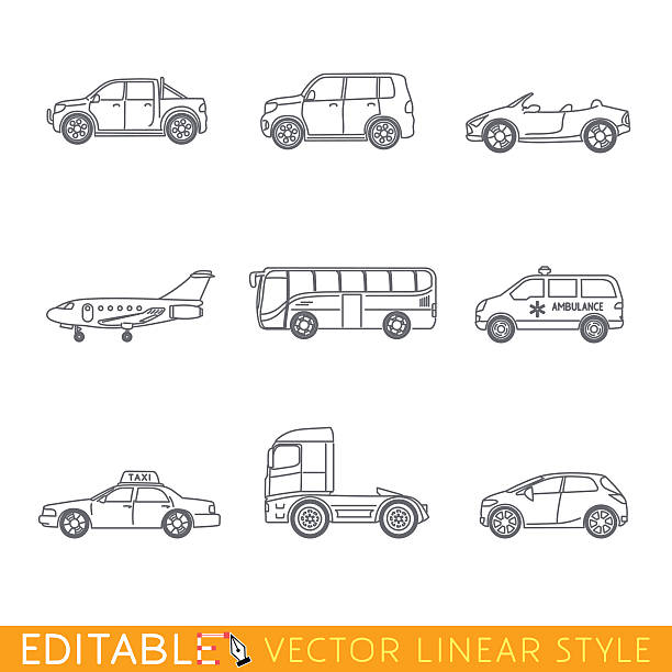 Transportation icon set include Ambulance Semi truck Taxi Business jet Transportation icon set include Ambulance Semi truck Taxi Business jet Pickup Crossover Bus Minivan and Cabriolet. Editable vector graphic in linear style. car sketches stock illustrations