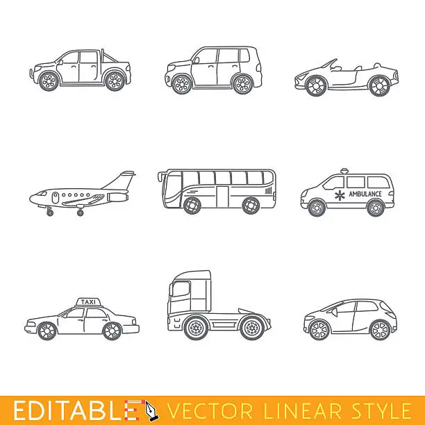 Vector illustration of Transportation icon set include Ambulance Semi truck Taxi Business jet