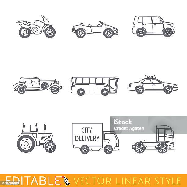 Transportation Icon Set Include Semi Truck Van Bus Minivan Old Stock Illustration - Download Image Now