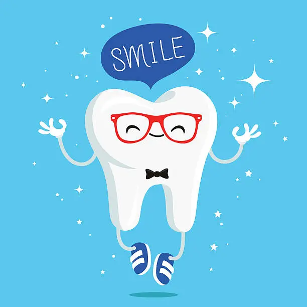 Vector illustration of Happy healthy smile tooth in red glasses
