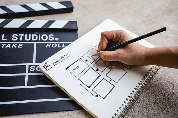 Photo of clapperboard with sketchbook for writing storyboard