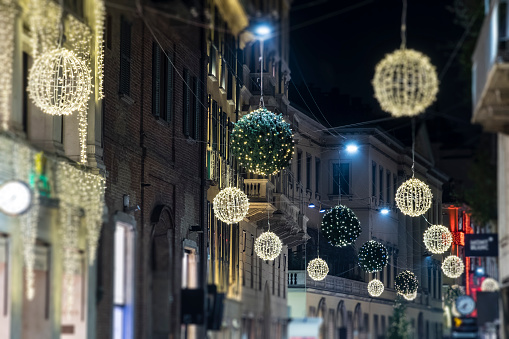 Christmas lights in the old town of Milan, Italy. (selective focus)