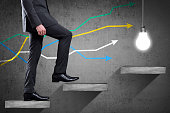 Businessman walking up staircase with colorful line graph