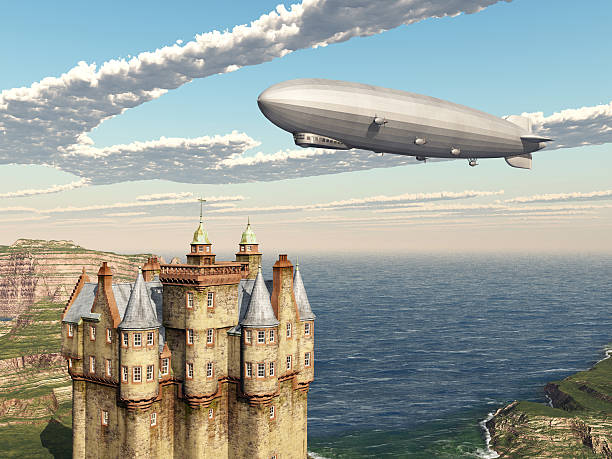 istock Scottish castle and airship 578300186