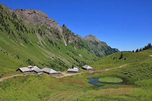 Rural scene in Glarus Canton. Huts and sheds on the Lachenalp. Pond and mountains.