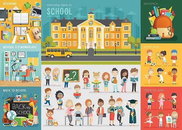 Vector illustration of School theme set. Back to school, workplace, school kids and other elements.