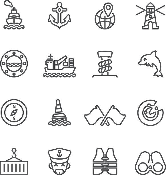 illustrazioni stock, clip art, cartoni animati e icone di tendenza di icone della linea di porta di spedizione | eps10 - nautical vessel buoy passenger ship computer icon