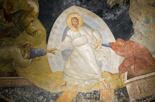 Historic Medieval Byzantine fresco showing Jesus Christ, helping Adam and Eve out of their graves.  Church of the Holy Saviour in Chora, Edirnekapı, Istanbul, Turkey.
