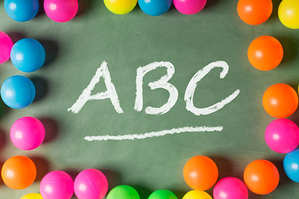 istock Colorful plastic balls on the green chalkboard and ABC letters 578305322