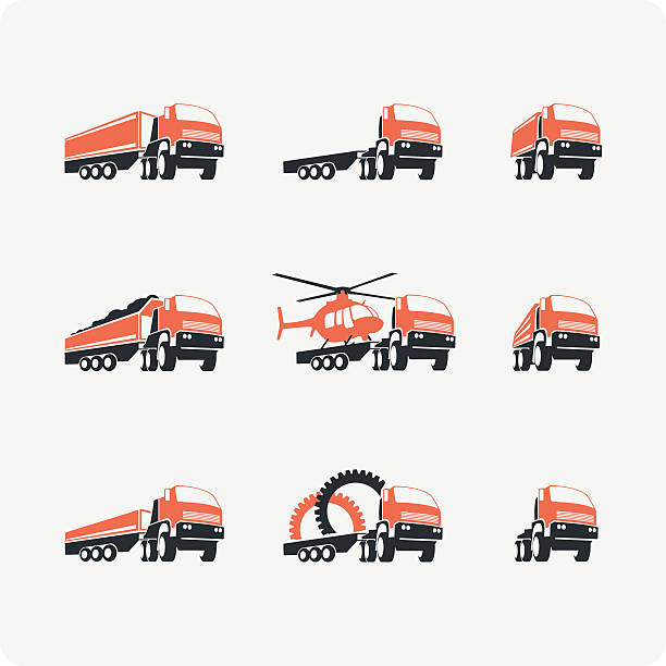 Set of vector truck. Set of vector icons trucks of different shapes and sizes. Trucks, construction equipment. film trailer music stock illustrations