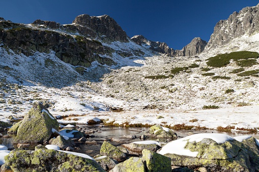 Snow-draped valley in the High Tatras mountains, Dolina Pięciu Stawów Polskich, High Tatras, Poland.