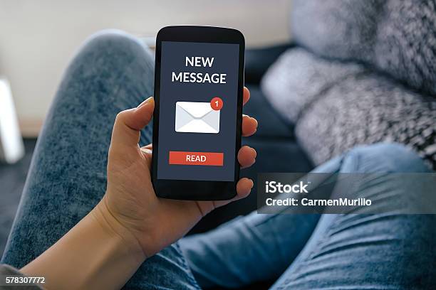 Girl Holding Smart Phone With New Message Concept On Screen Stock Photo - Download Image Now