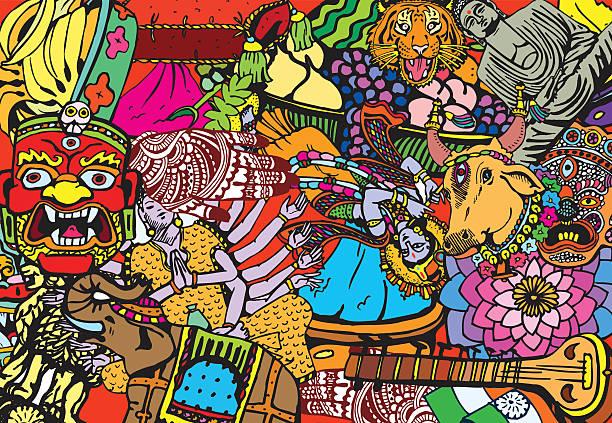 ilustrações de stock, clip art, desenhos animados e ícones de india collage pattern. traditional indian theme. texture background illustration. - buddhist puja