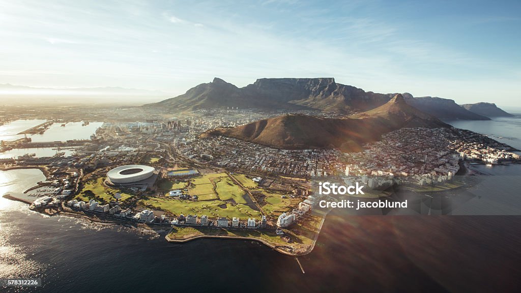 Aerial view of Cape Town, South Africa Aerial view of Cape Town with Cape Town Stadium, Lion's Head and Table mountain. Cape Town Stock Photo