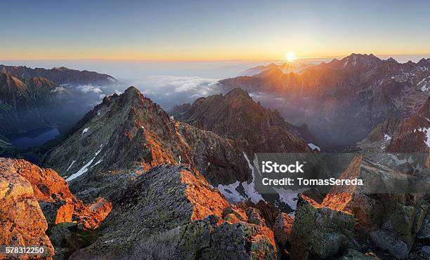 Mountain Sunset Panorama Landscape In Tatras Rysy Slovakia Stock Photo - Download Image Now