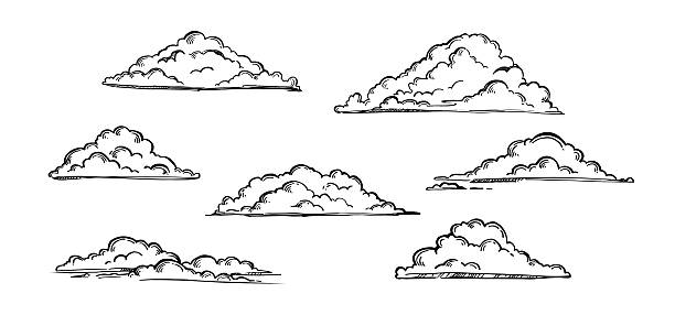 Hand drawn vector illustration - Set of clouds. Vintage clouds Hand drawn vector illustration - Set of clouds. Vintage engraved clouds modern rock stock illustrations