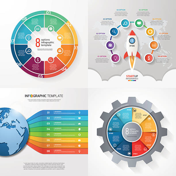 ilustrações, clipart, desenhos animados e ícones de quatro modelos infográficos com 8 etapas, opções, peças, processo - planet map ideas growth