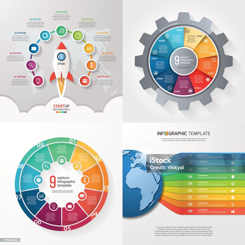 Four infographic templates with 9 steps, options, parts, process Four infographic templates with 9 steps, options, parts, processes. Business concept. Number 9 stock vector