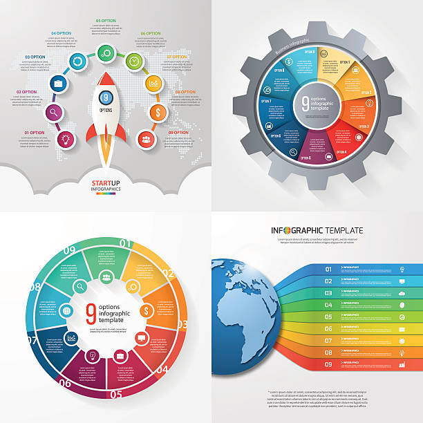 Four infographic templates with 9 steps, options, parts, process Four infographic templates with 9 steps, options, parts, processes. Business concept. number 9 stock illustrations