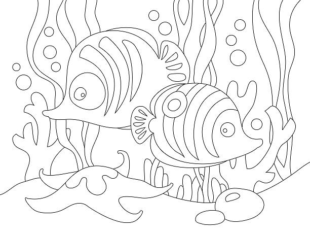 dwie słodkie kreskówki ryby pod morzem. - animal animal themes sea below stock illustrations