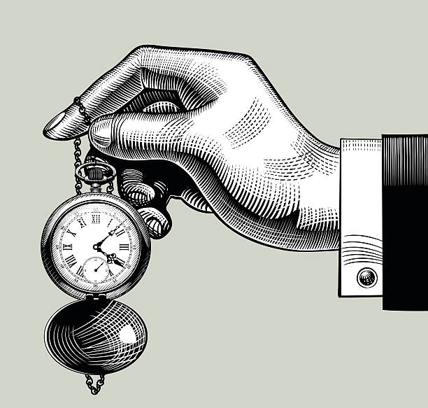 ilustrações de stock, clip art, desenhos animados e ícones de hand with an old clock. retro pocket watch - clock face illustrations