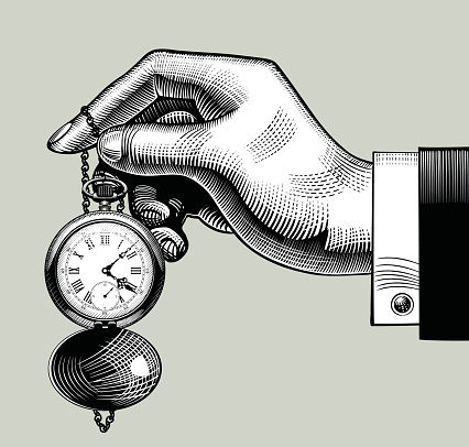 Hand with an old clock. Retro pocket watch. Vintage engraving stylized drawing. Zip-file includes: AI (v.8), JPEG (5000x5000). Vector illustration.