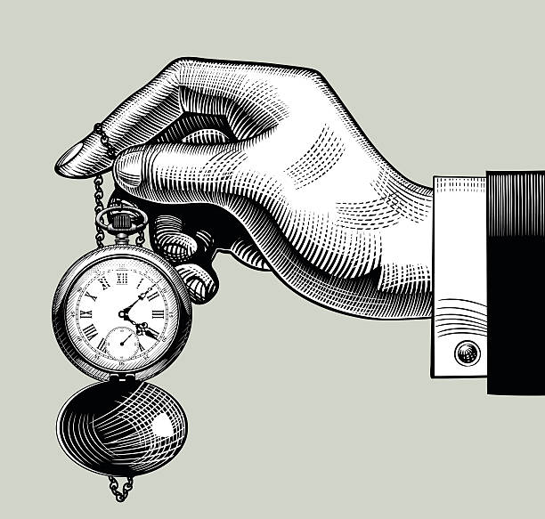 Hand with an old clock. Retro pocket watch Hand with an old clock. Retro pocket watch. Vintage engraving stylized drawing. Zip-file includes: AI (v.8), JPEG (5000x5000). Vector illustration. clock illustrations stock illustrations