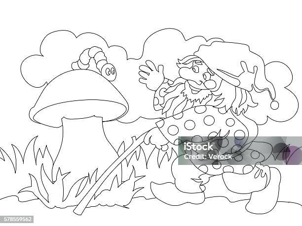 Image Of Gnome And Caterpillar On Mushroom Stock Illustration - Download Image Now - Adult, Animal, Art