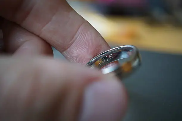 Male hand holding a golden wedding ring with an engraved year 2016