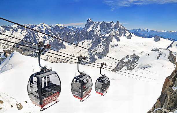 Aiguille de MidiI, France - July 06, 2016: Tourists enjoying the majestic landscape in gondolas from Point Helbronner to Aiguille du Midi in French Alps.