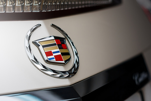 Saratov, Russia - April 06, 2013: Emblem of Cadillac company on car at outdoor at daytime