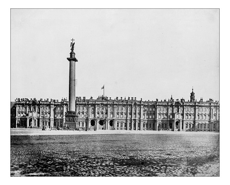 Antique photograph of Winter Palace seen from Palace Square (Saint Petersburg, Russia) in a 19th century picture. The 18th/19th century monumental building was the official residence of the Russian monarchs