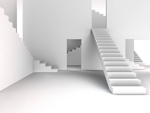 abstract interior architecture 3D rendering of an abstract interior architecture with stairways landing home interior stock pictures, royalty-free photos & images