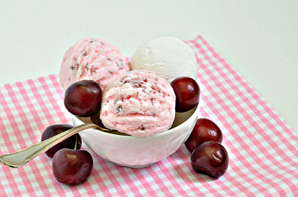 Cherry ice cream and Vanilla ice cream with fresh Cherries stock photo