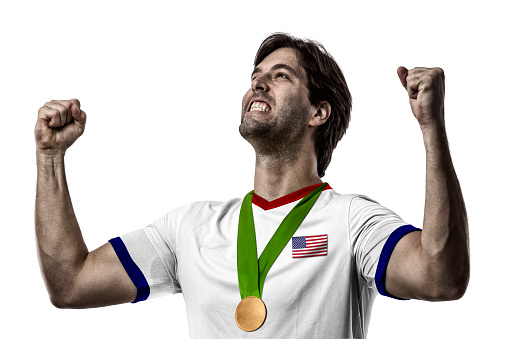 American Athlete Winning a golden medal on a white Background.