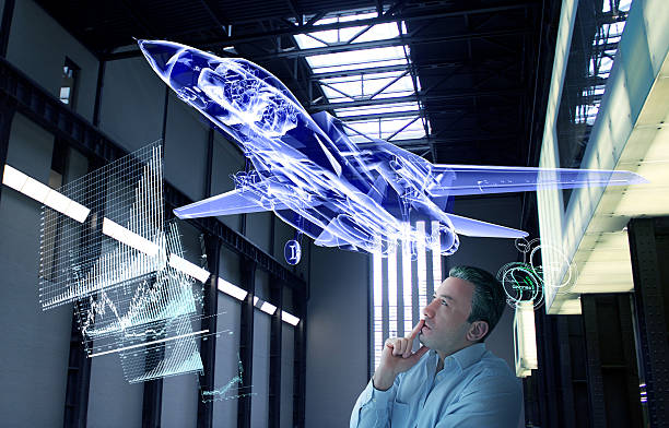 Virtual Jet Design Tests New generation supersonic jet design is flying in the secret test area. Genius scientist is working in secret technological base. Military war technology grows every day. Researchers scientist doing tests. Industrial design technology in near future. headquarters photos stock pictures, royalty-free photos & images