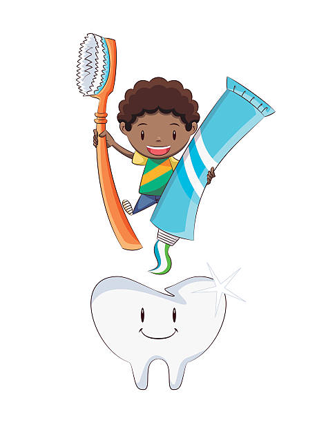 少年歯ブラッシング - smiling human teeth toothbrush moving up点のイラスト素材／クリップアート素材／マンガ素材／アイコン素材