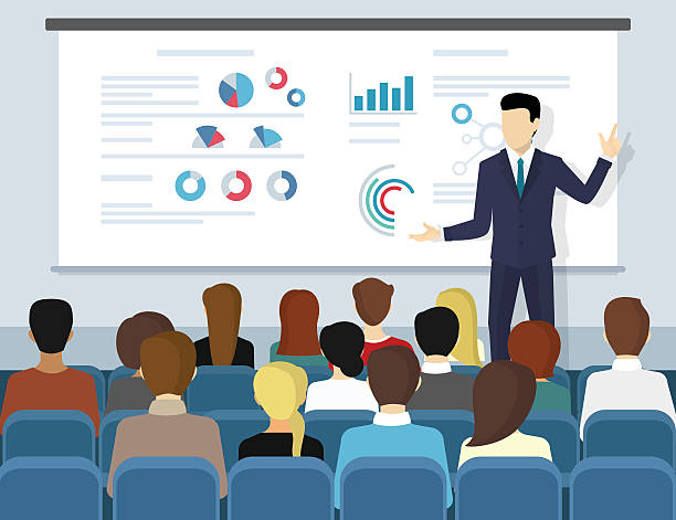 Business seminar speaker doing presentation and professional training Business seminar speaker doing presentation and professional training about marketing, sales and e-commerce. Flat illustration of public conference and motivation for business audience man presentation stock illustrations