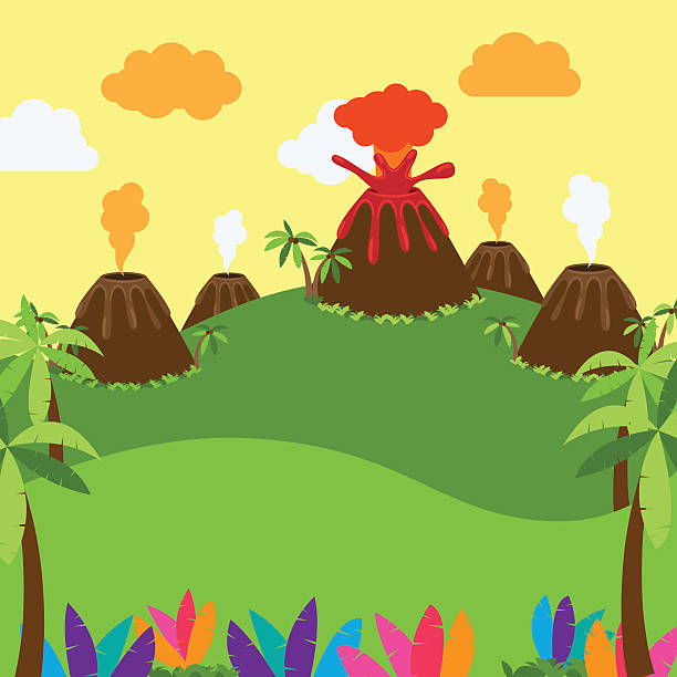 симпатичные мультфильм вектор фон джунглей или динозавр эра пейзаж - огромные smoky горы stock illustrations