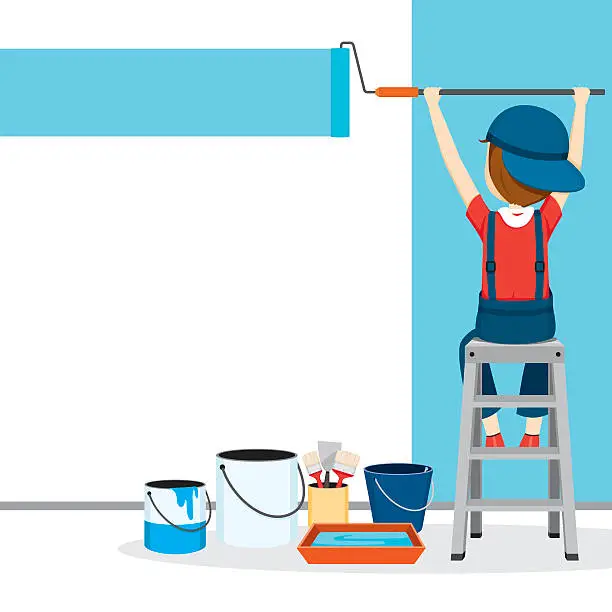 Vector illustration of Painter Coloring Wall By Paint Roller, People Occupations