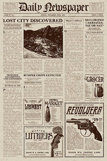 Vintage Victorian Style Newspaper Design Template A vector illustration of an old fashioned newspaper in a Victorian style of typography. Decorative typefaces are mixed together to create the design. Download includes AI10 EPS and a high resolution JPEG file.  old guns stock illustrations