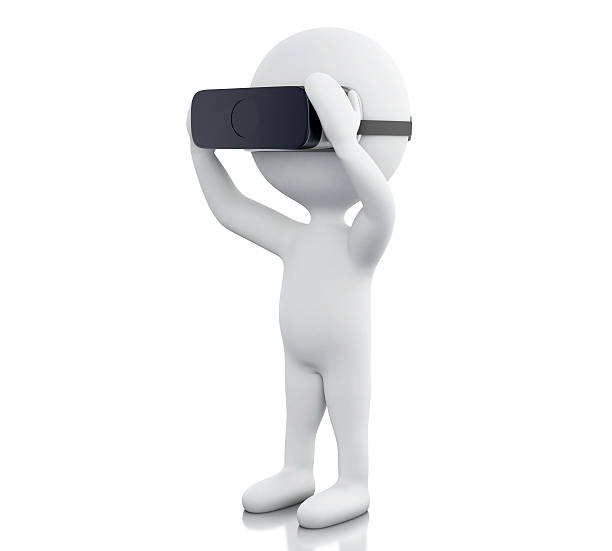 les blancs 3d jouent avec des lunettes de réalité virtuelle. - visiocasque photos et images de collection