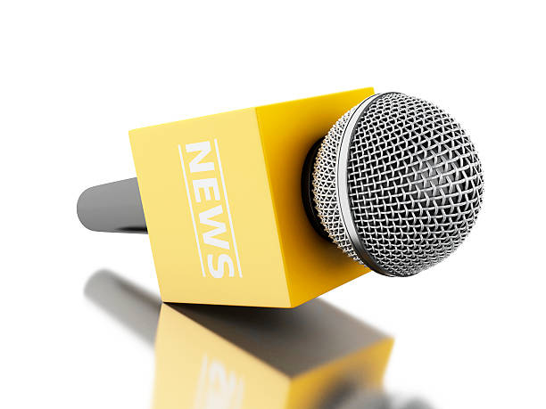 istock 3d News microphone tv with yellow box. 578581374