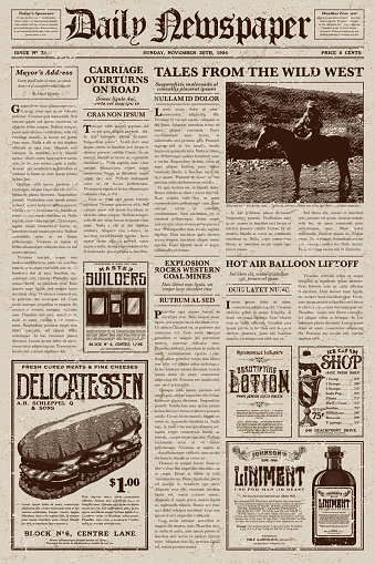 A vector illustration of an old fashioned newspaper in a Victorian style of typography. Decorative typefaces are mixed together to create the design. Download includes AI10 EPS and a high resolution JPEG file. 