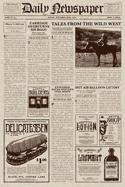 Vintage Victorian Style Newspaper Design Template A vector illustration of an old fashioned newspaper in a Victorian style of typography. Decorative typefaces are mixed together to create the design. Download includes AI10 EPS and a high resolution JPEG file.  figurehead stock illustrations