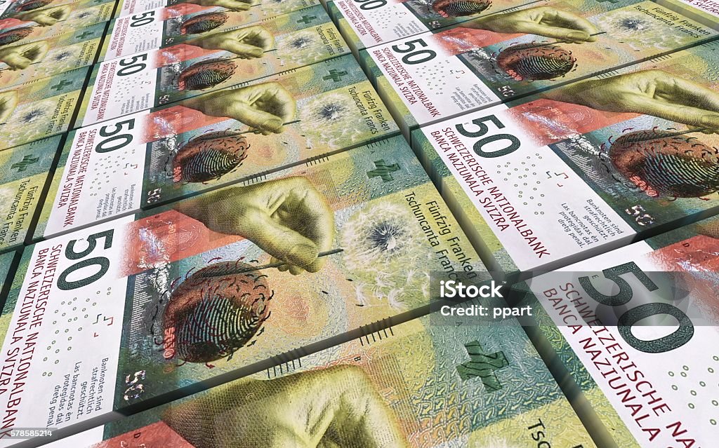 Swiss franc bills stacks background. Computer generated 3D photo rendering. Swiss Currency Stock Photo