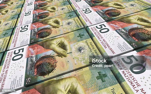 Swiss Franc Bills Stacks Background Stock Photo - Download Image Now - Swiss Currency, Switzerland, Number 50